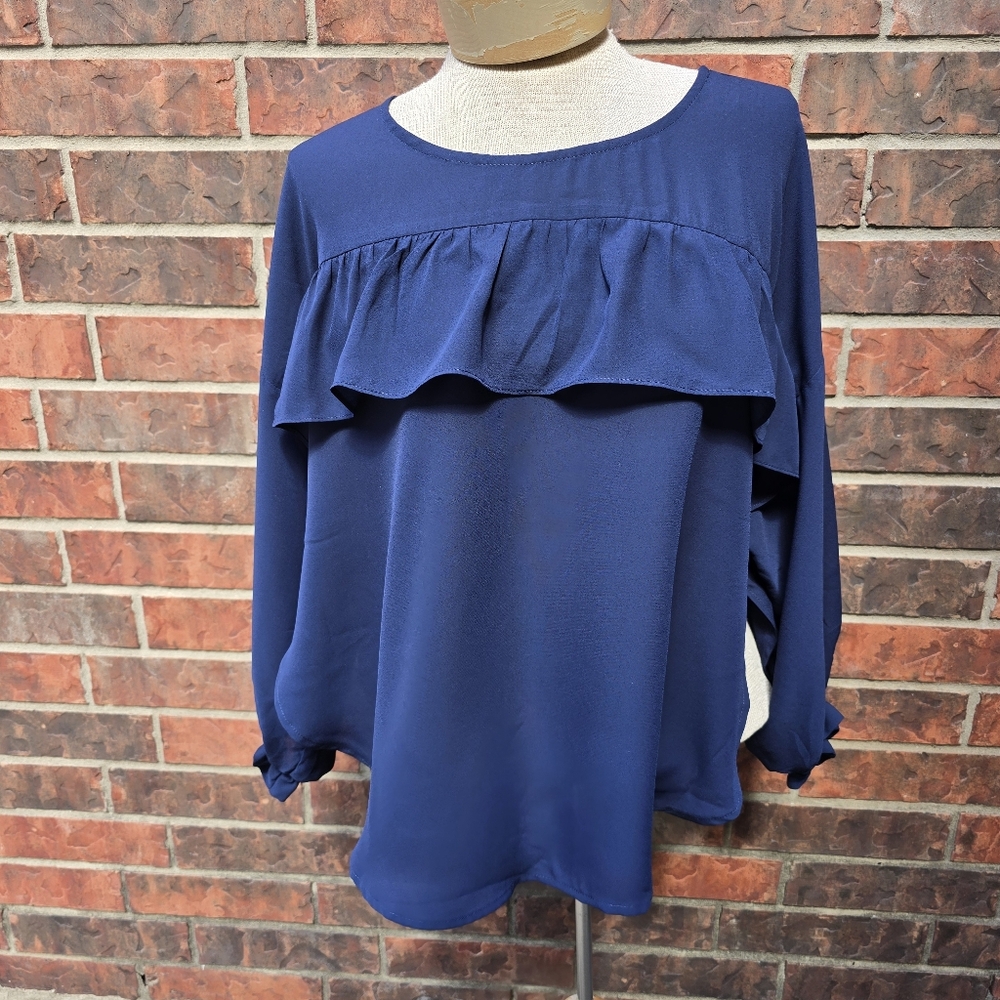 Halogen Women's Ruffle Sheer Blue Top Size M
